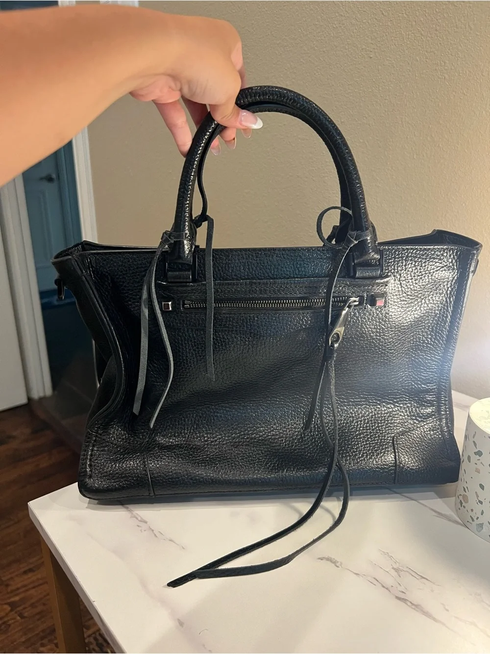 Rebecca Minkoff Regan Satchel in Black Pebbled Leather Silver Hardware Crossbody
